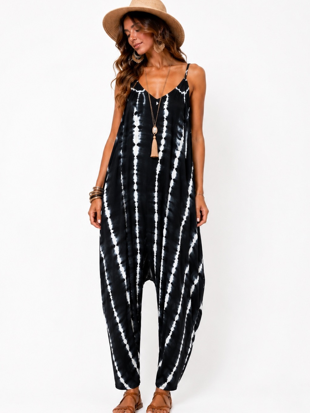 Black and White Tie-Dye Spaghetti-Strap Harem Boho Jumpsuit One Size Pa02